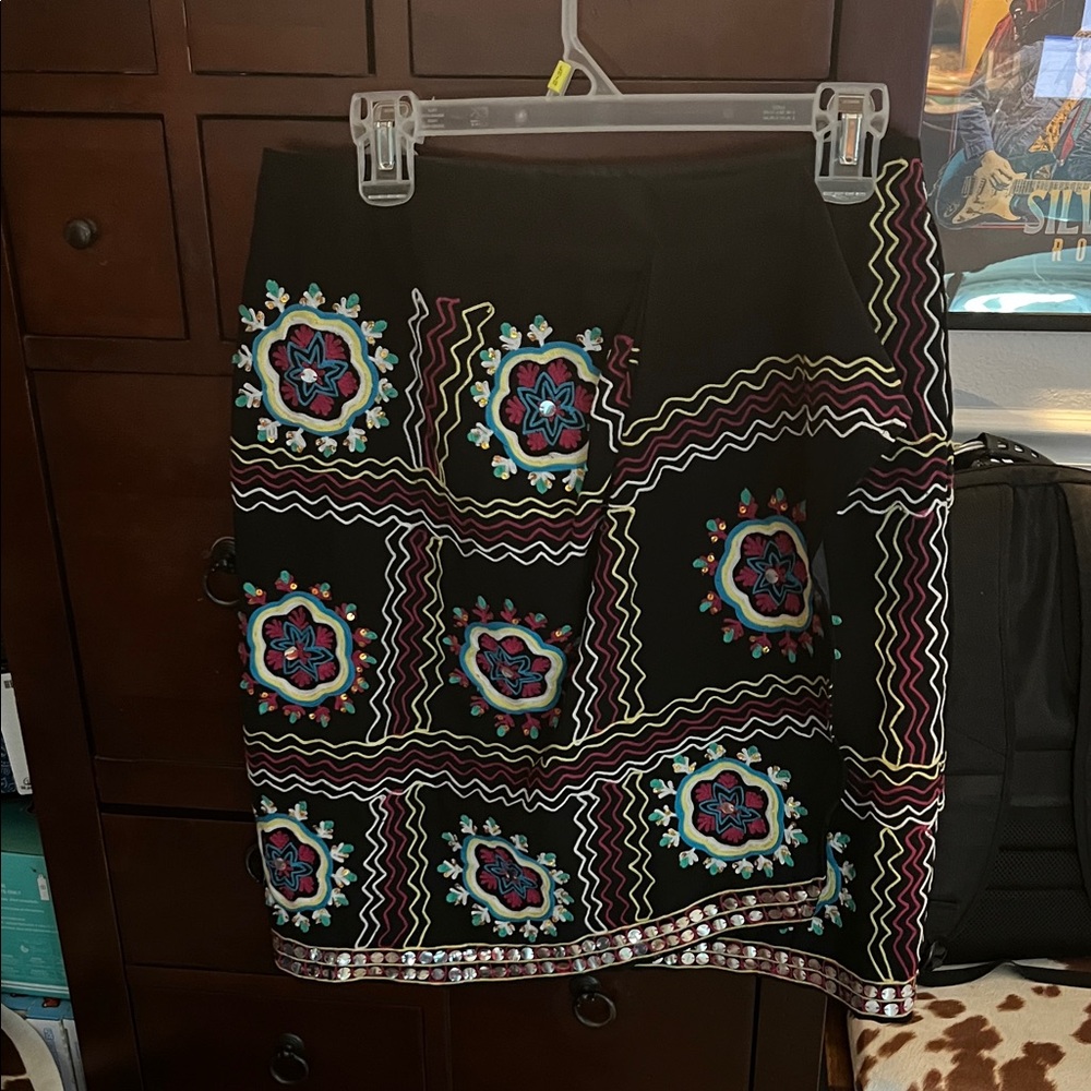 Tasha Polizzi Black Mini Skirt with Colorful Embroidery